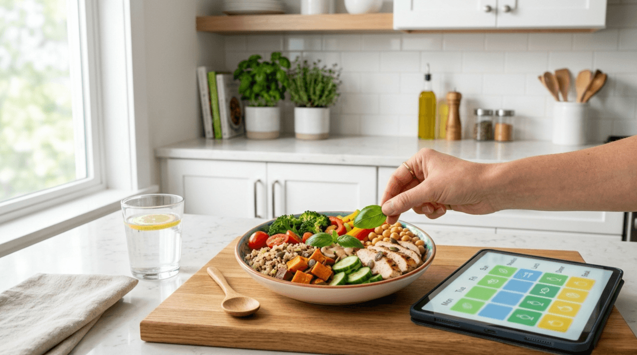 Plan diety — zdrowy posiłek i tablet z jadłospisem