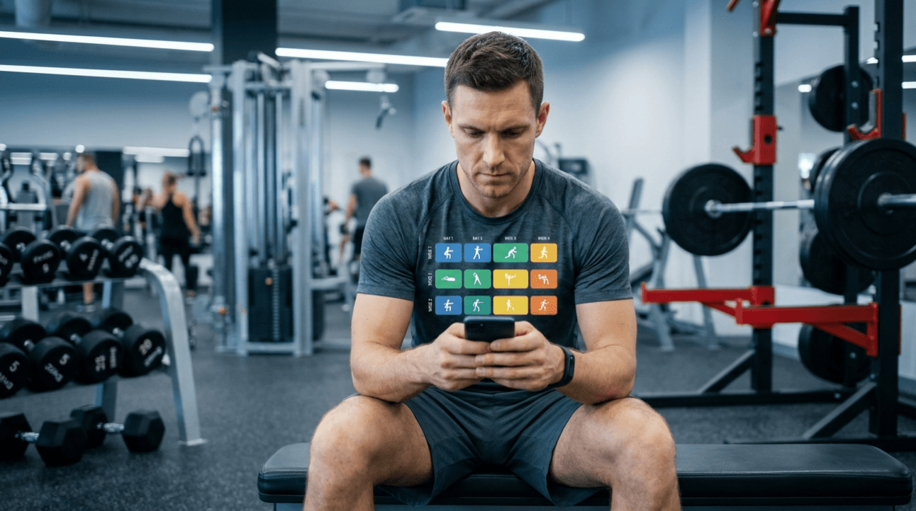 Plan treningowy — mężczyzna z telefonem na siłowni