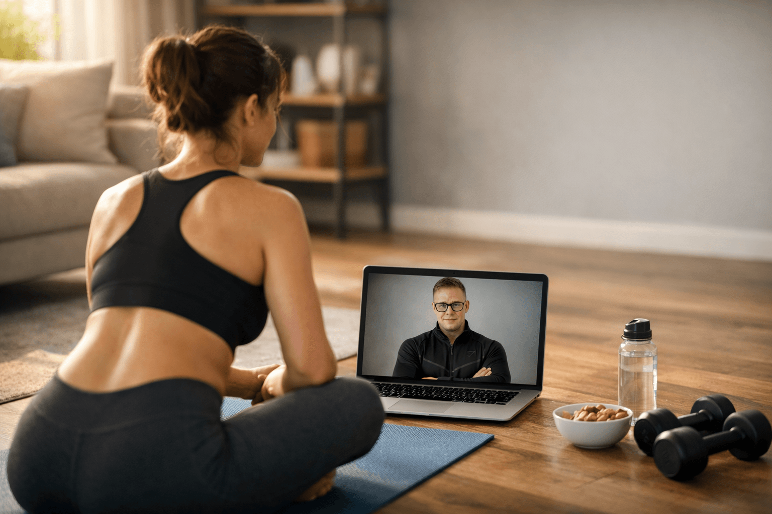 Prowadzenie online — kobieta ćwiczy z trenerem przez laptop