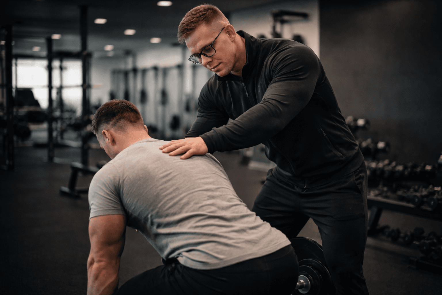 Trening personalny — trener koryguje technikę ćwiczenia